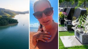 large lake view (l) woman shares island experience (c) Cemetery near by (r)