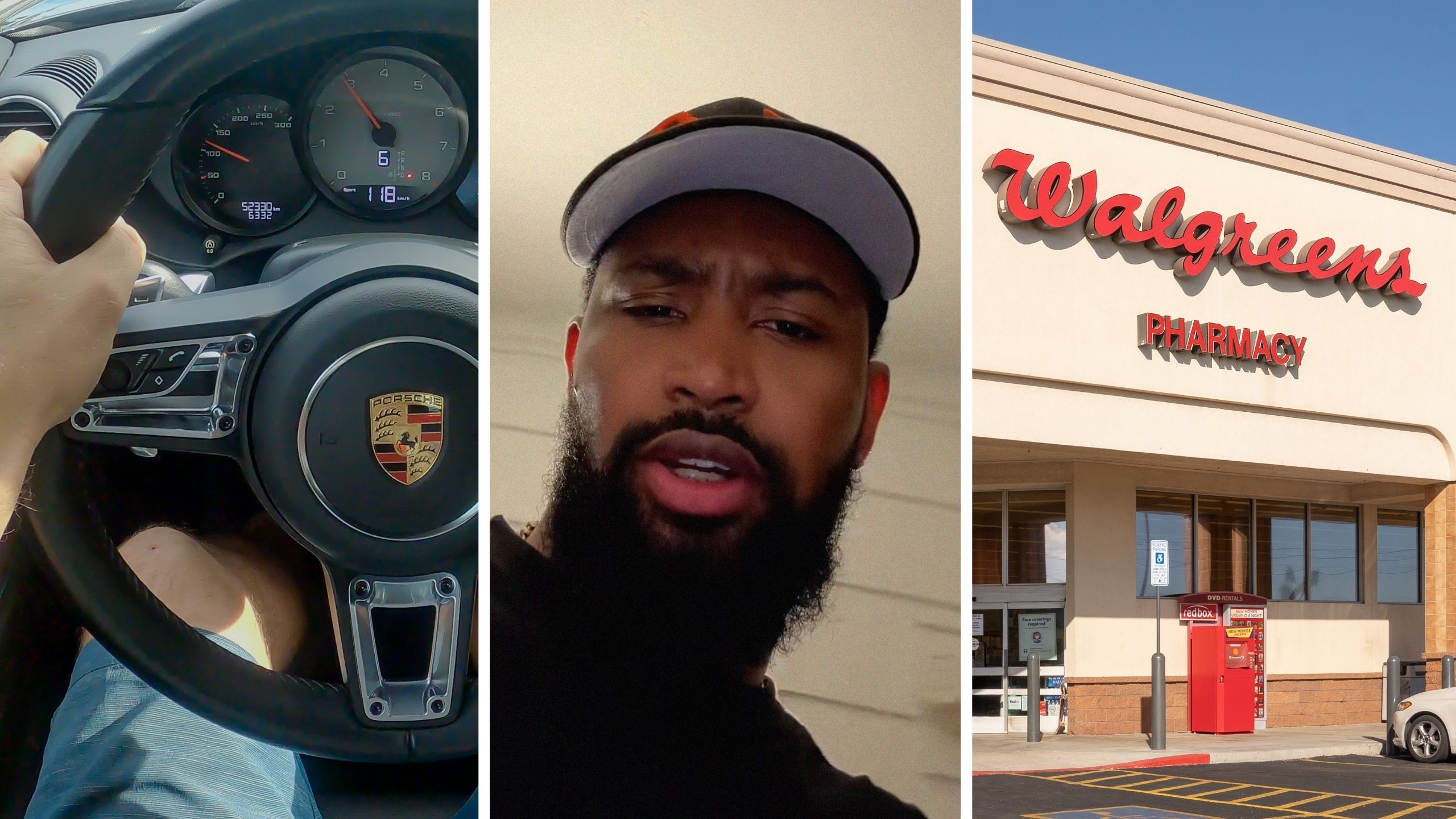 Porsche driver (l) man shares how he got played (c) Walgreens storefront (r)
