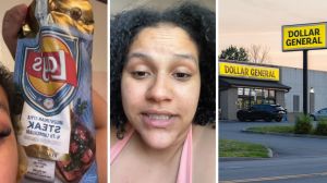 lays chips (l) woman shares chips observation (c) Dollar General store (r)