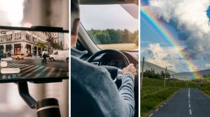 man videoing his encounter (l) man shares observation while driving (c) rainbow ahead (r)