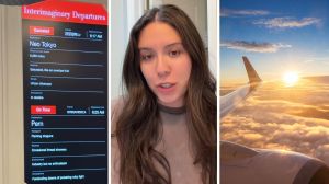 flight information board (l) woman shares flight encounter (c) flight on the go (r)