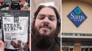 Steak Strips (l) man shares Sams club encounter (c) Sams Club entrance (r)