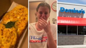 pizza bread (l) woman shares food order issue (c) Dominos pizza entrance (r)