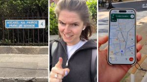 street sign (l) woman shares google maps experience (c) google maps app (r)