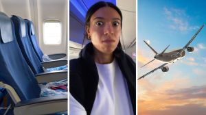 plane seats (l) woman shares flight issue (c) long flight ahead (r)