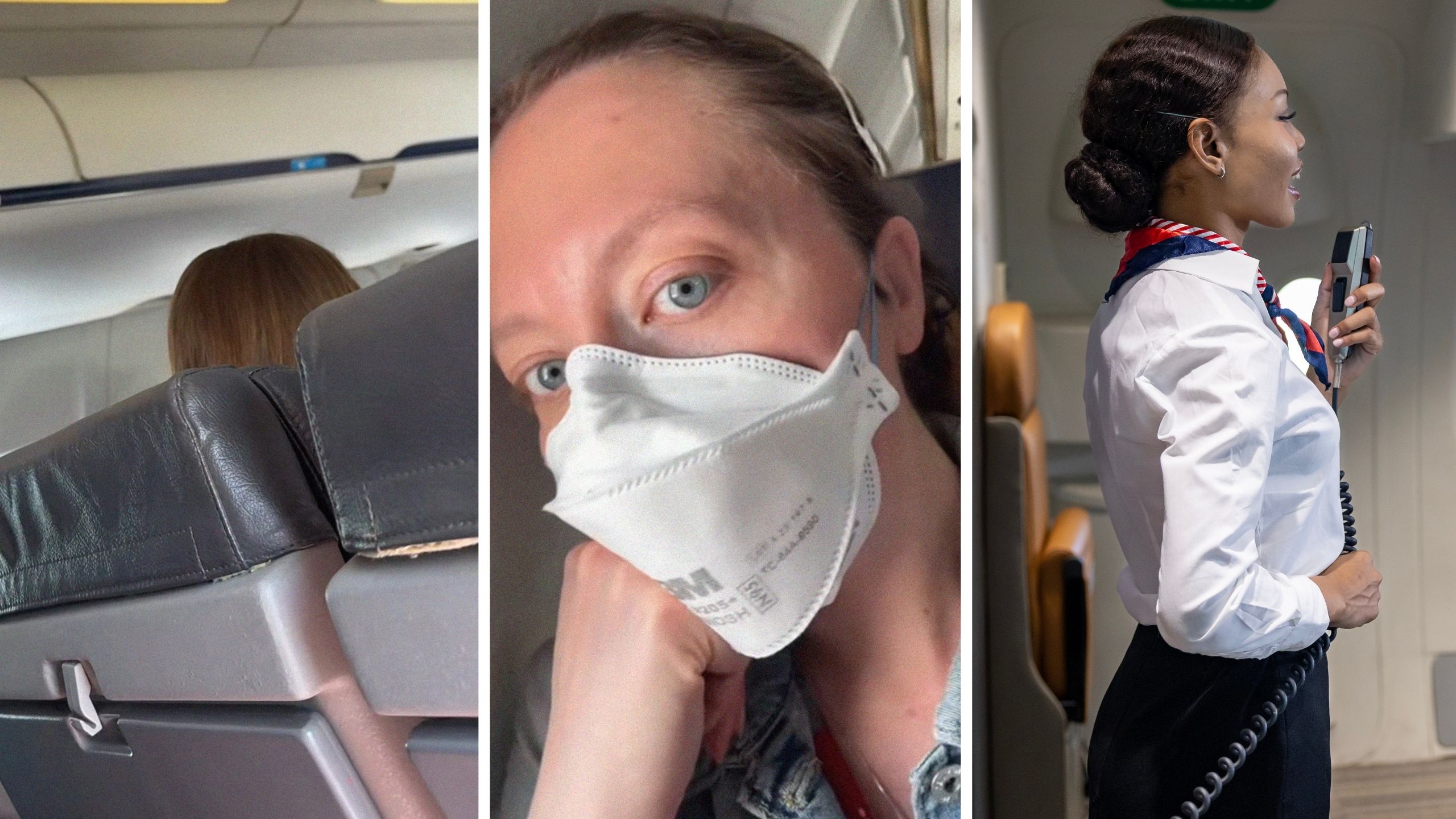 plane interior (l) woman shares flight experience (c) flight attendant makes announcement (r)