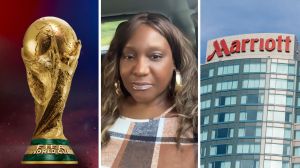 World cup trophy (l) woman shares hotel price update (c) Marriott hotel front view (r)