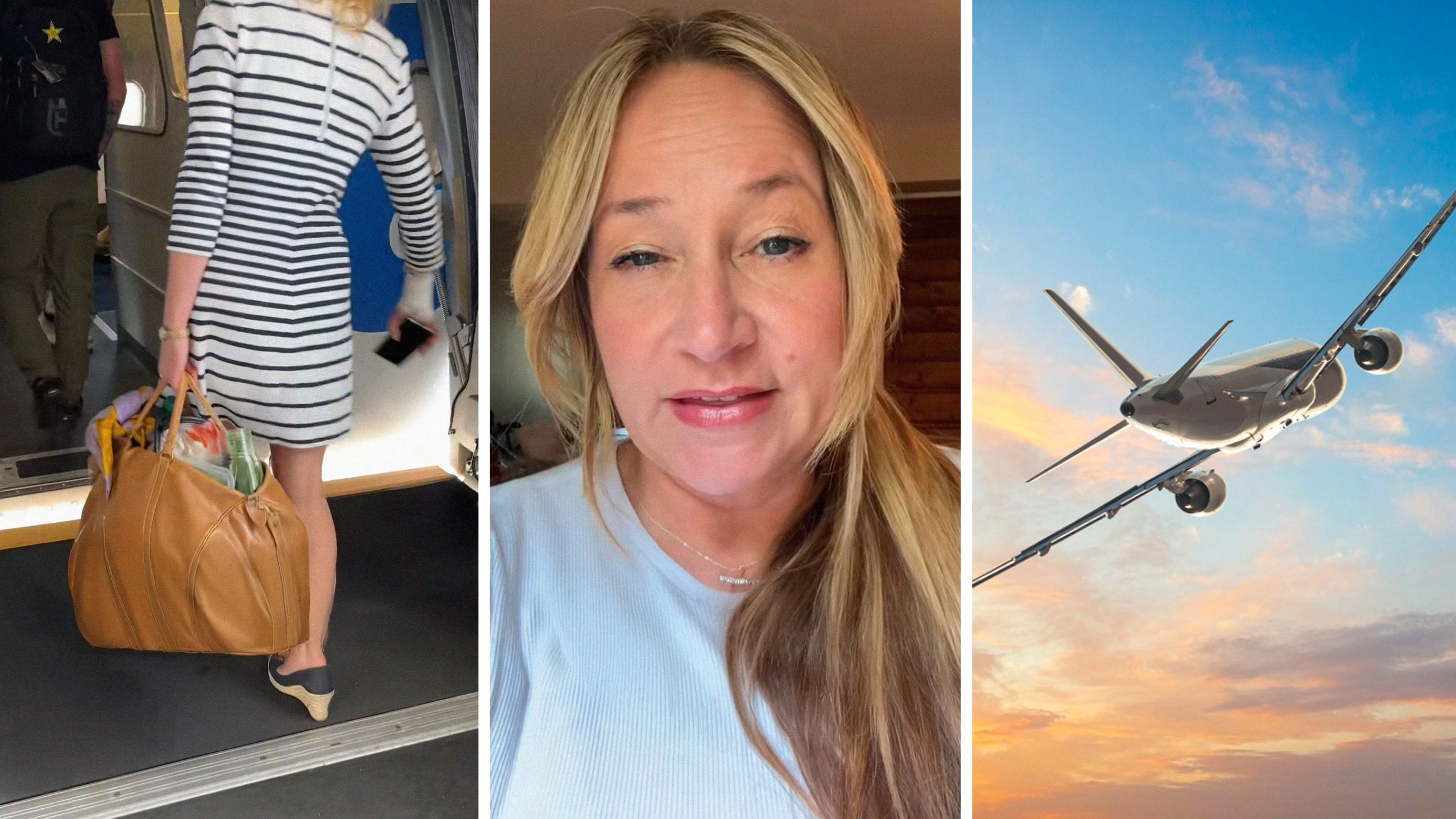 woman stepping into plane (l) woman shares traveling tips (c) plane on the go (r)