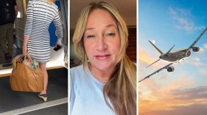 woman stepping into plane (l) woman shares traveling tips (c) plane on the go (r)