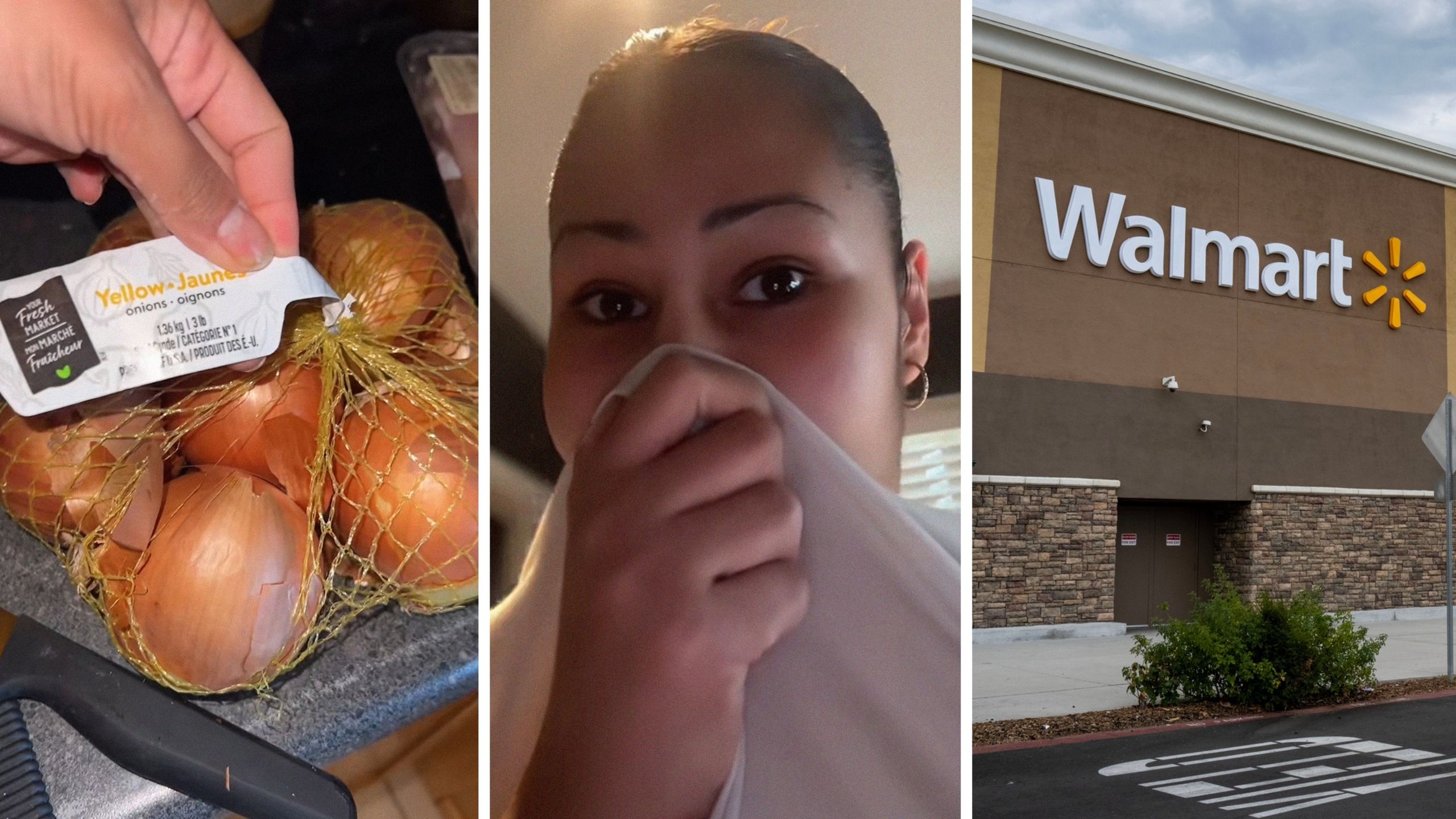 bag of onions (l) woman shares purchase issue (c) Walmart storefront (r)