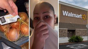 bag of onions (l) woman shares purchase issue (c) Walmart storefront (r)