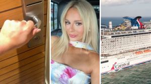woman enters her cruise room (l) woman shares carnival cruise experience (c) Carnival cruise on the go (r)
