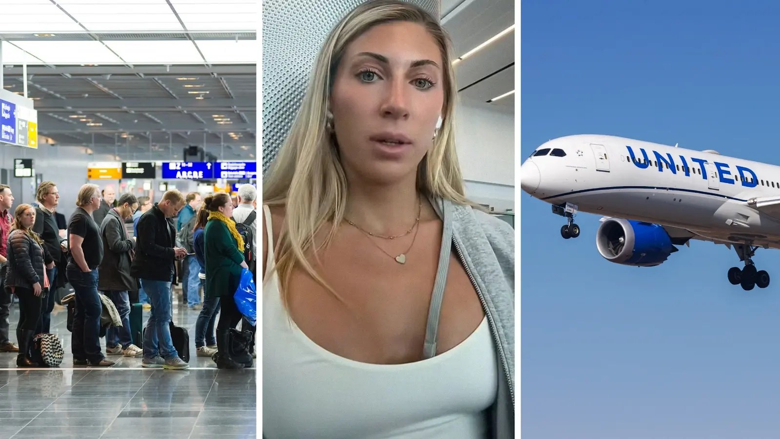 long lines of people (l) woman shares united airlines experience (c) United airlines aircraft (r)