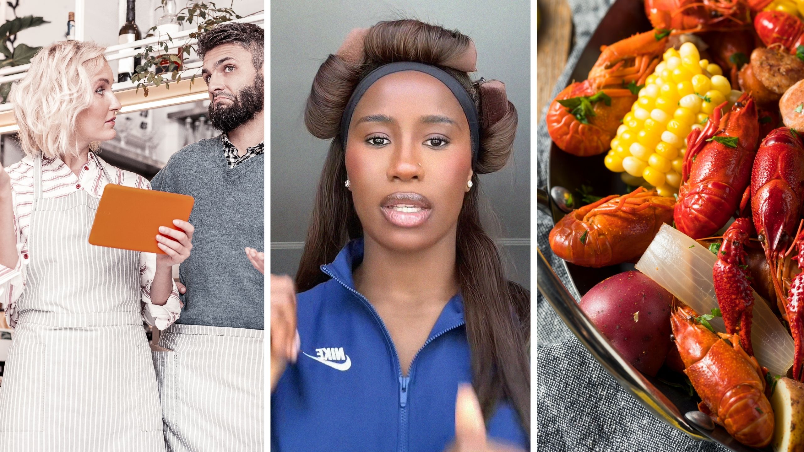 servers talking about customer (l) woman shares restaurant experience (c) seafood platter (r)