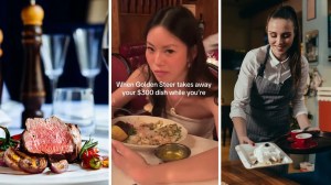 expensive steak plate (l) woman shares las vegas dining out experience (c) server picking up plates (r)