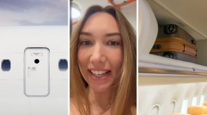 close flight door (l) woman shares traveling issue (c) carry-on on cabin (r)