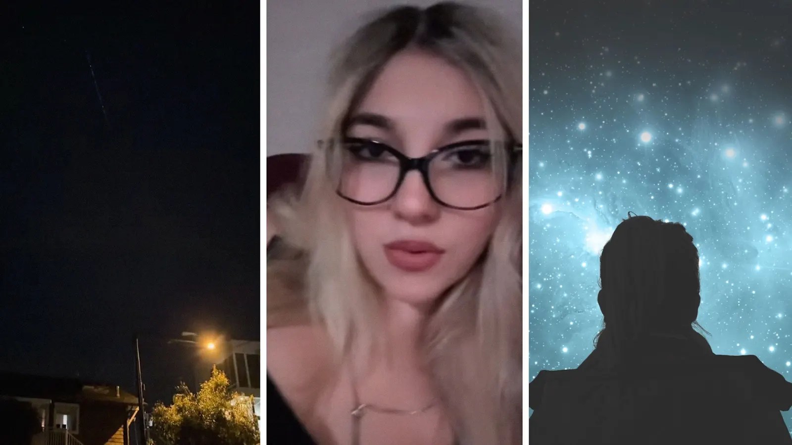 dark sky (l) woman shares sky observation (c) Woman looking up into sky (r)
