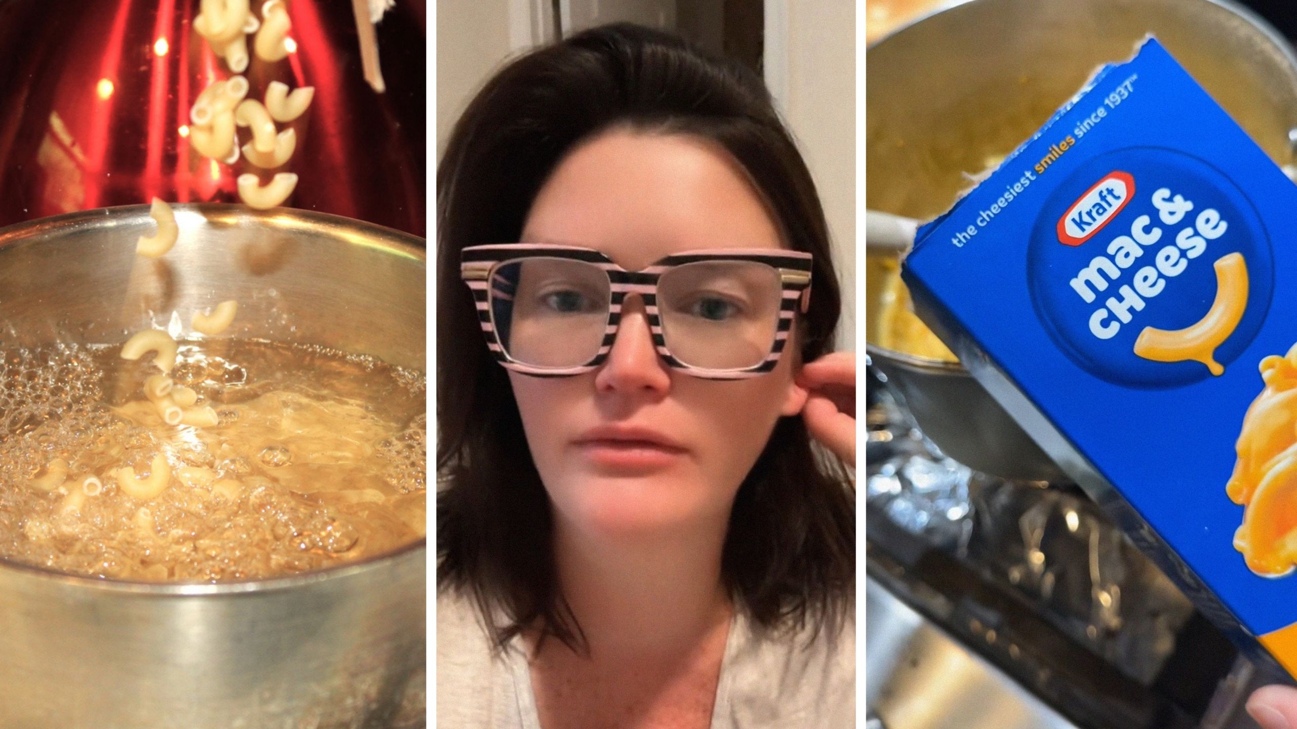 boiling macaroni (l) woman shares Macaroni and cheese observation (c) Kraft Mac & Cheese (r)