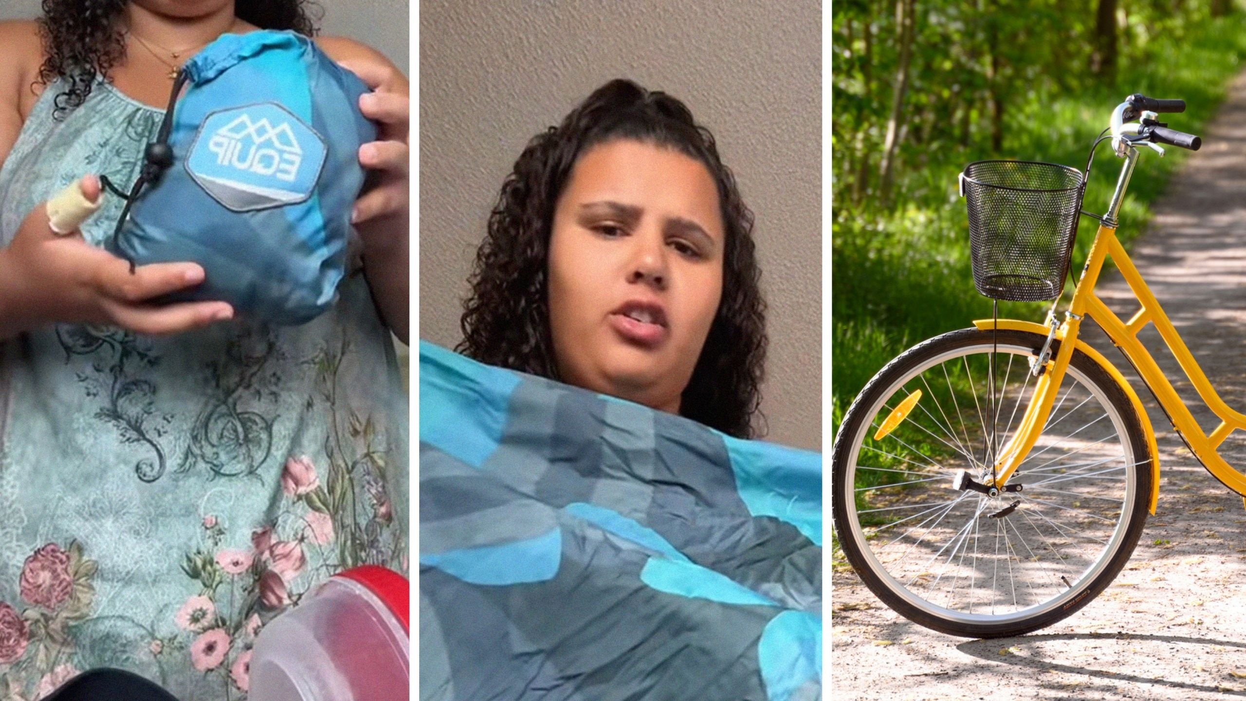 woman holding hammock (l) woman shares hammock concern (c) bicycle with basket at the front (r)