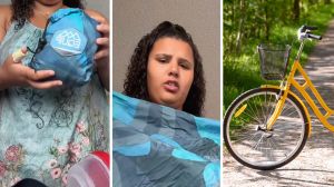 woman holding hammock (l) woman shares hammock concern (c) bicycle with basket at the front (r)