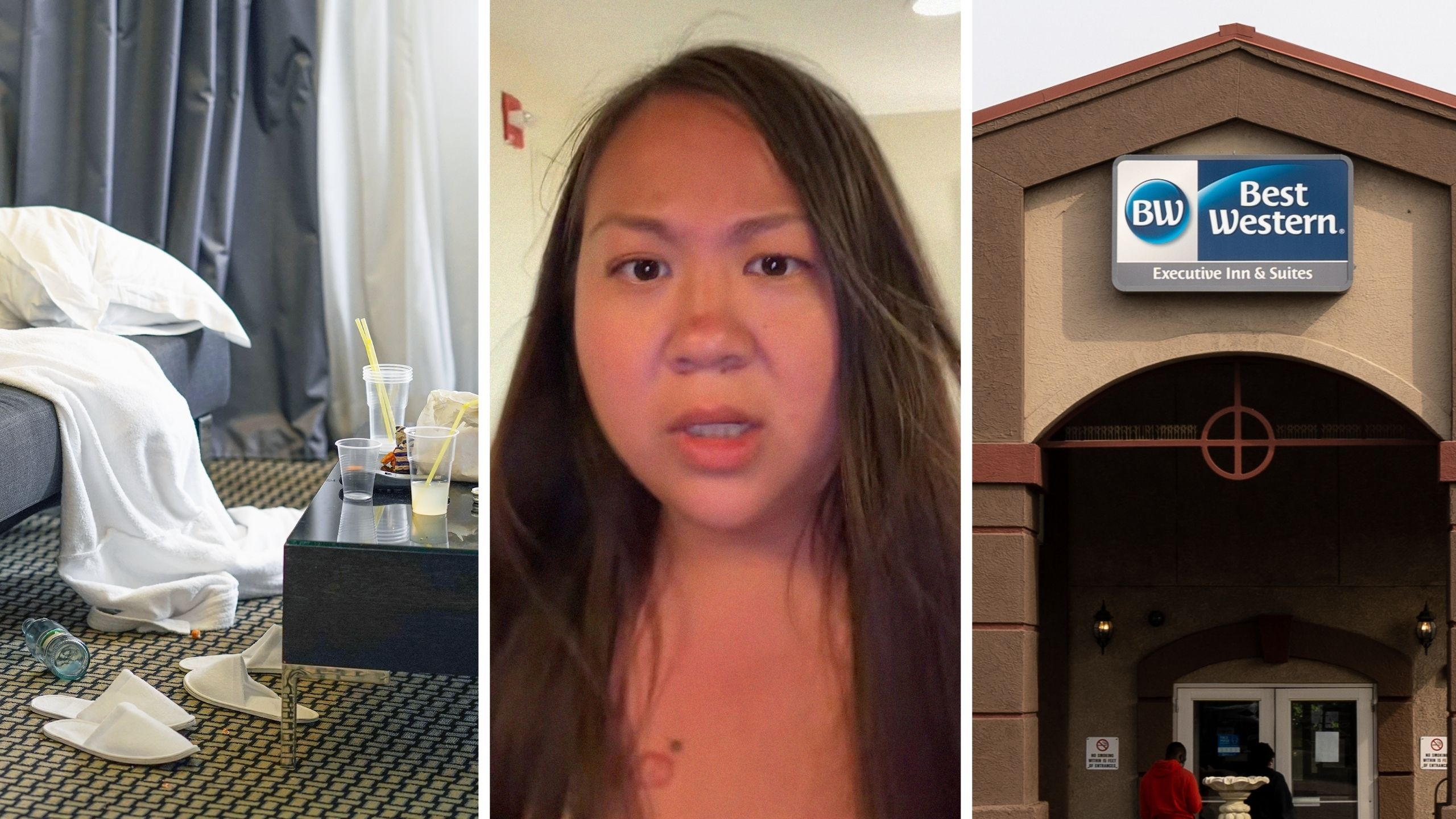 dirty hotel room (l) woman shares hotel issue (c) Best Western hotel entrance (r)