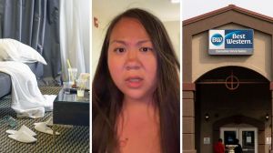 dirty hotel room (l) woman shares hotel issue (c) Best Western hotel entrance (r)
