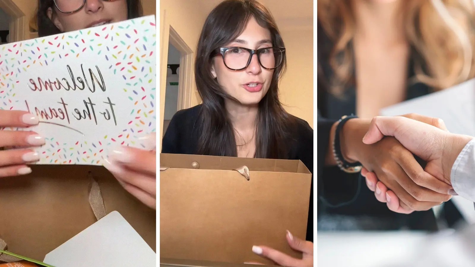 welcome card (l) woman shares her welcome package from new job (c) woman gets a new job (r)