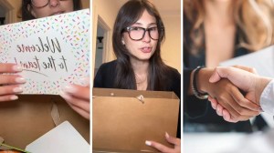 welcome card (l) woman shares her welcome package from new job (c) woman gets a new job (r)