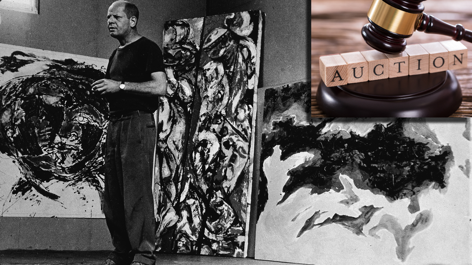 Artist Jackson Pollock standing in front of his paintings