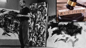 Artist Jackson Pollock standing in front of his paintings