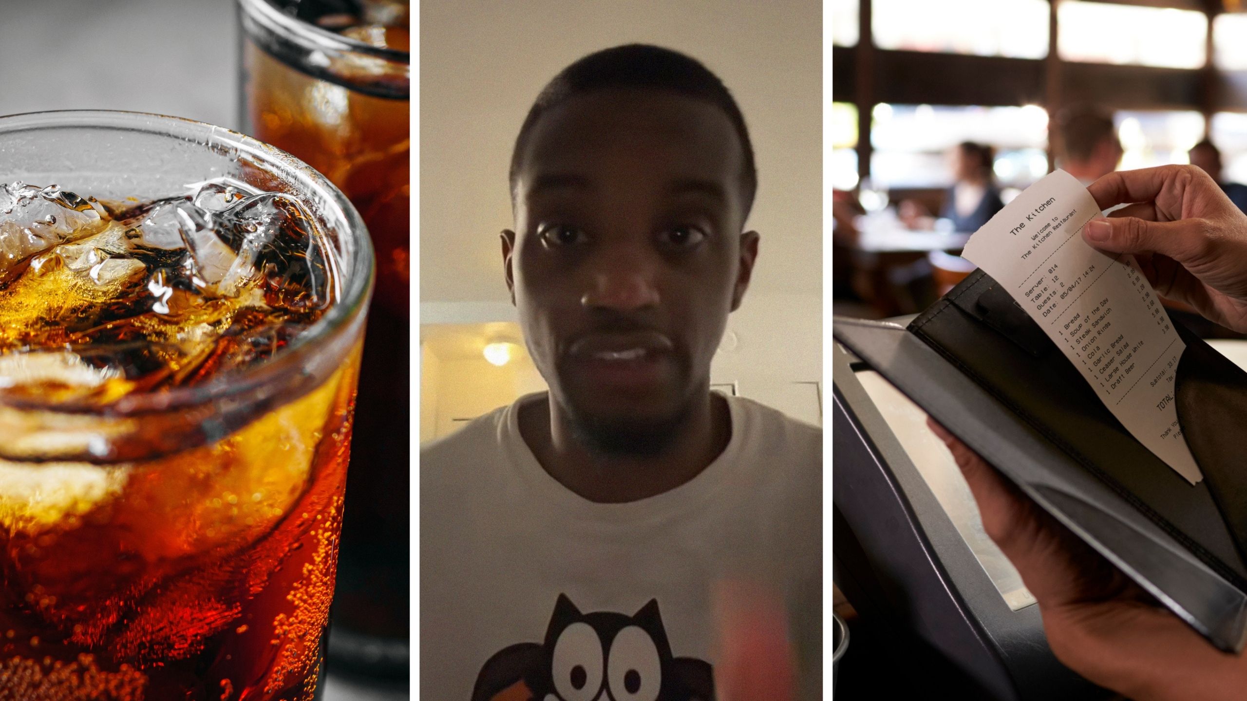 restaurant soda (l) man explains the term "floating drinks" (c) restaurant bill (r)