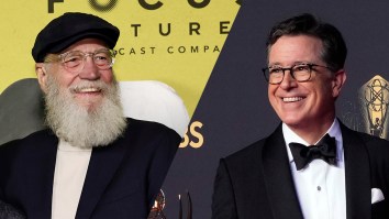 David Letterman And Stephen Colbert Toss Furniture Off The Roof Onto A CBS Logo