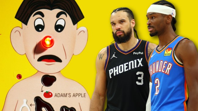 Dillon Brooks and Shai Gilgeous-Alexander next to Operation board game