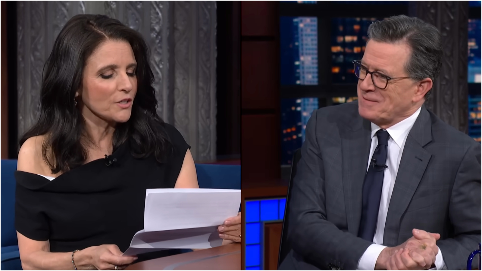 Julia Louis-Dreyfus roasts Stephen Colbert on The Late Show as Selina Meyer form VEEP