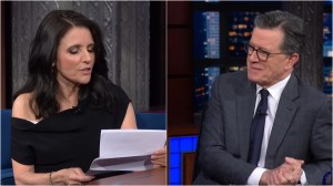 Julia Louis-Dreyfus roasts Stephen Colbert on The Late Show as Selina Meyer form VEEP
