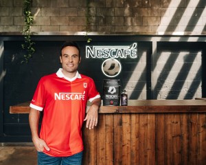 Landon Donovan with the limited-edition NESCAFÉ® Espresso Keg. CREDIT: Natt Lim for NESCAFÉ®