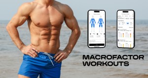 MacroFactor Workouts app next to six pack abs at the beach