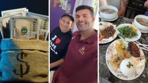 thousands of dollars (l) man shares restaurant experience (c) spread of food (r)