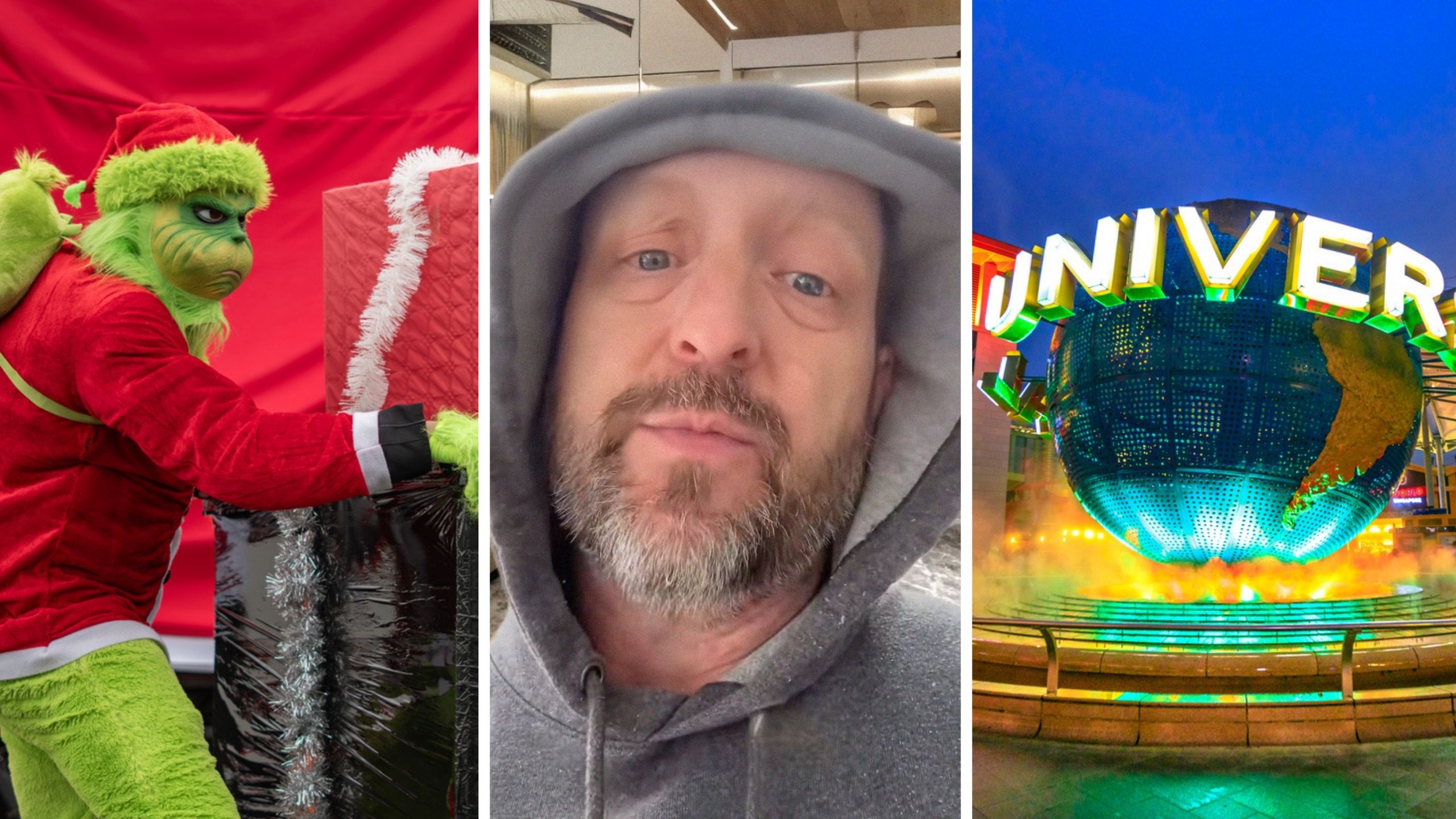 The Grinch (l) man shares grinch observation (c) Universal Studios entrance (r)