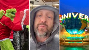 The Grinch (l) man shares grinch observation (c) Universal Studios entrance (r)
