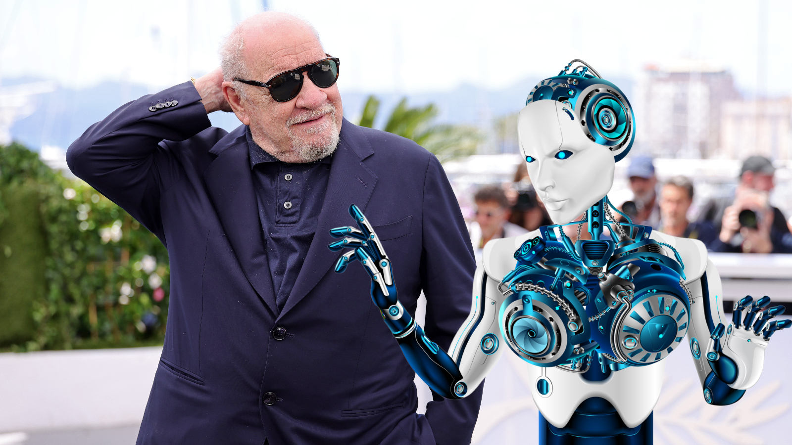 director Paul Schrader next to an AI girlfriend robot