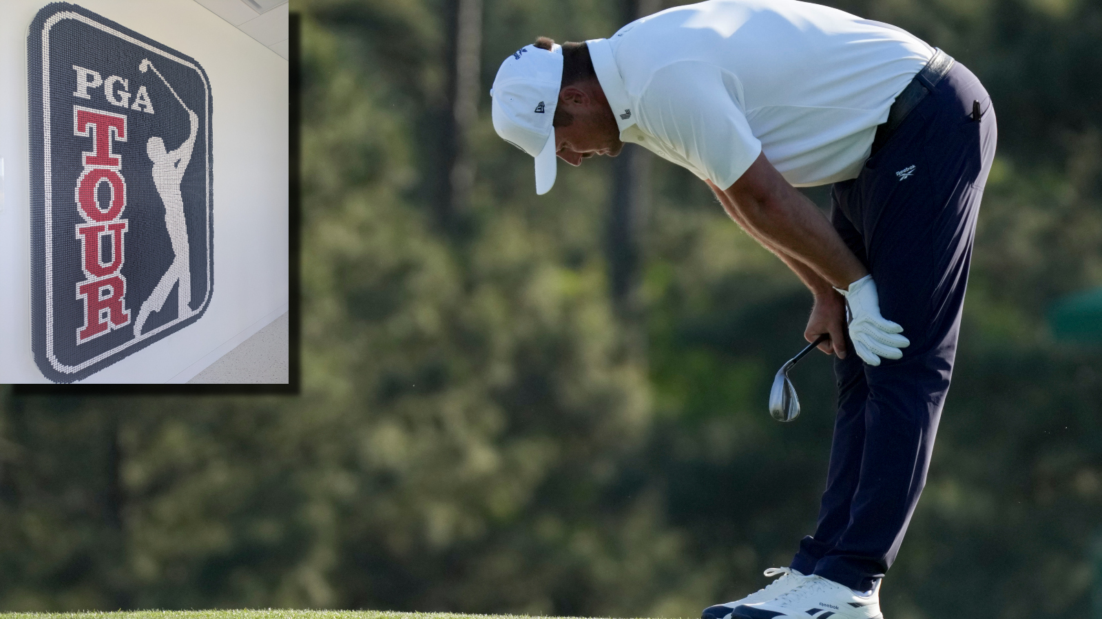 golfer Bryson DeChambeau standing next to the PGA Tour logo