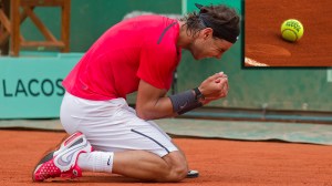 Rafael Nadal at the French Open at Roland-Garros Stadium playing tennis