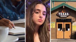 woman studying (l) woman shares texas roadhouse hack (c) texas roadhouse entrance (r)