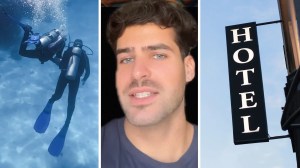 scuba diving into hotel room (l) man shares strange hotel encounter (c) Hotel sign (r)