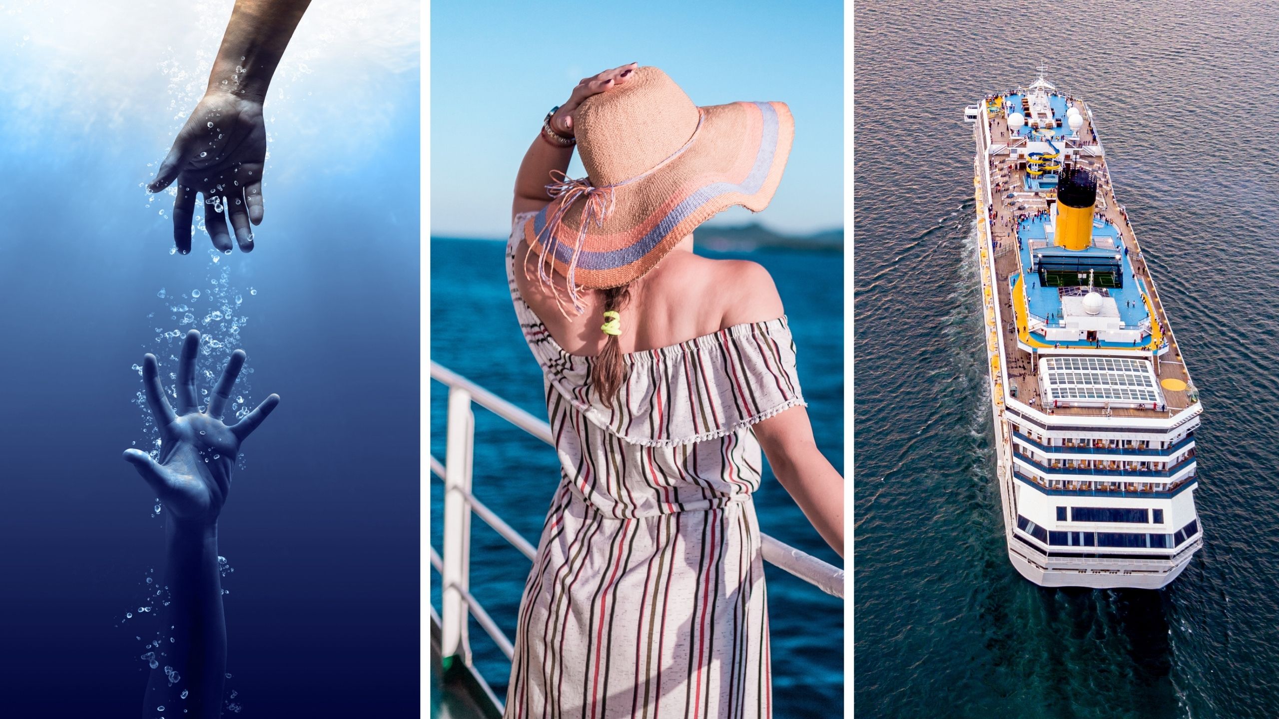 person falls into ocean (l) woman shares what happens when you fall off a cruise ship (c) cruise ship on the go (r)