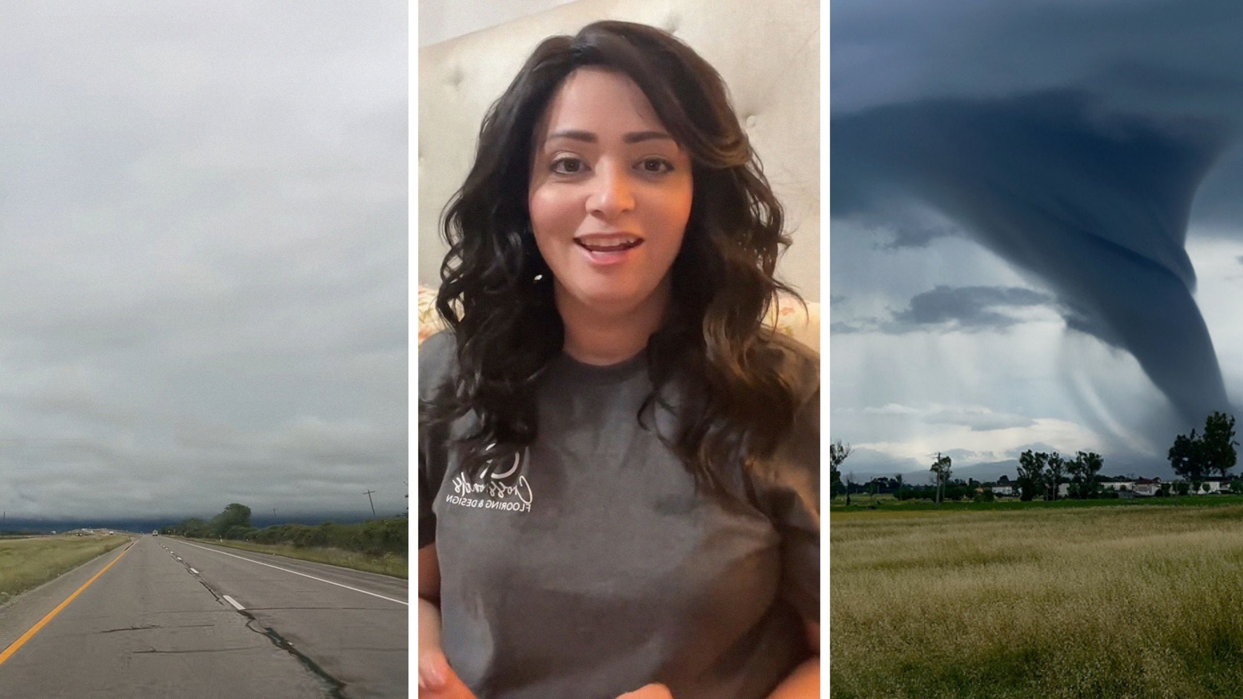 cloudy sky (l) woman shares Tornado experience (c) Tornado upfront (r)