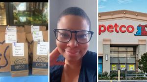 Petco bags (l) woman shares Petco encounter (c) Petco storefront (r)