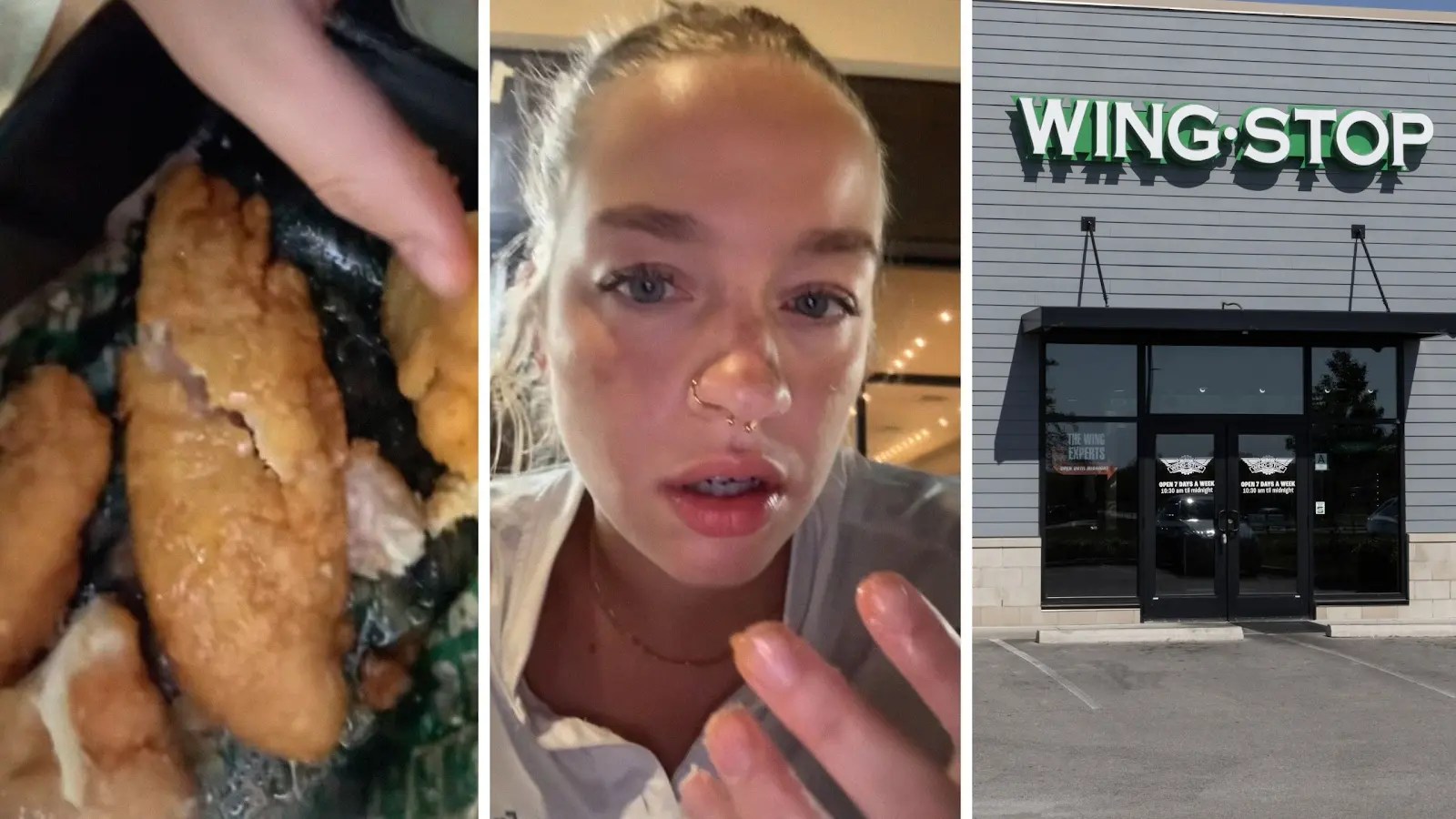 chicken tenders (l) woman shares wingstop order issue (c) WingStop entrance (r)
