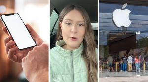 woman's iphone goes blank (l) woman shares iphone and apple store issue (c) Apple storefront (r)